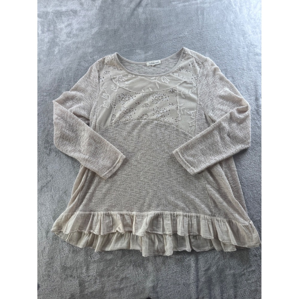 Indigo Soul Womens Whimsical Cozy Vintage Knit Top‎ Size Large Beige Lace Ruffle